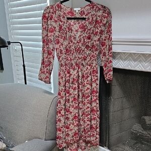 Lucky Brand Size XS Red and Green Gray Floral Long Sleeve Dress